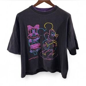 Vintage Disney Black Neon Mickey Boxy Crop T-Shirt Size Large